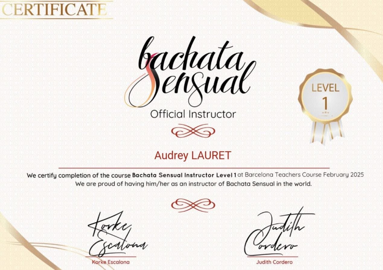 Certificat Bachata Sensual Instructor Level 1 — Audrey Lauret
