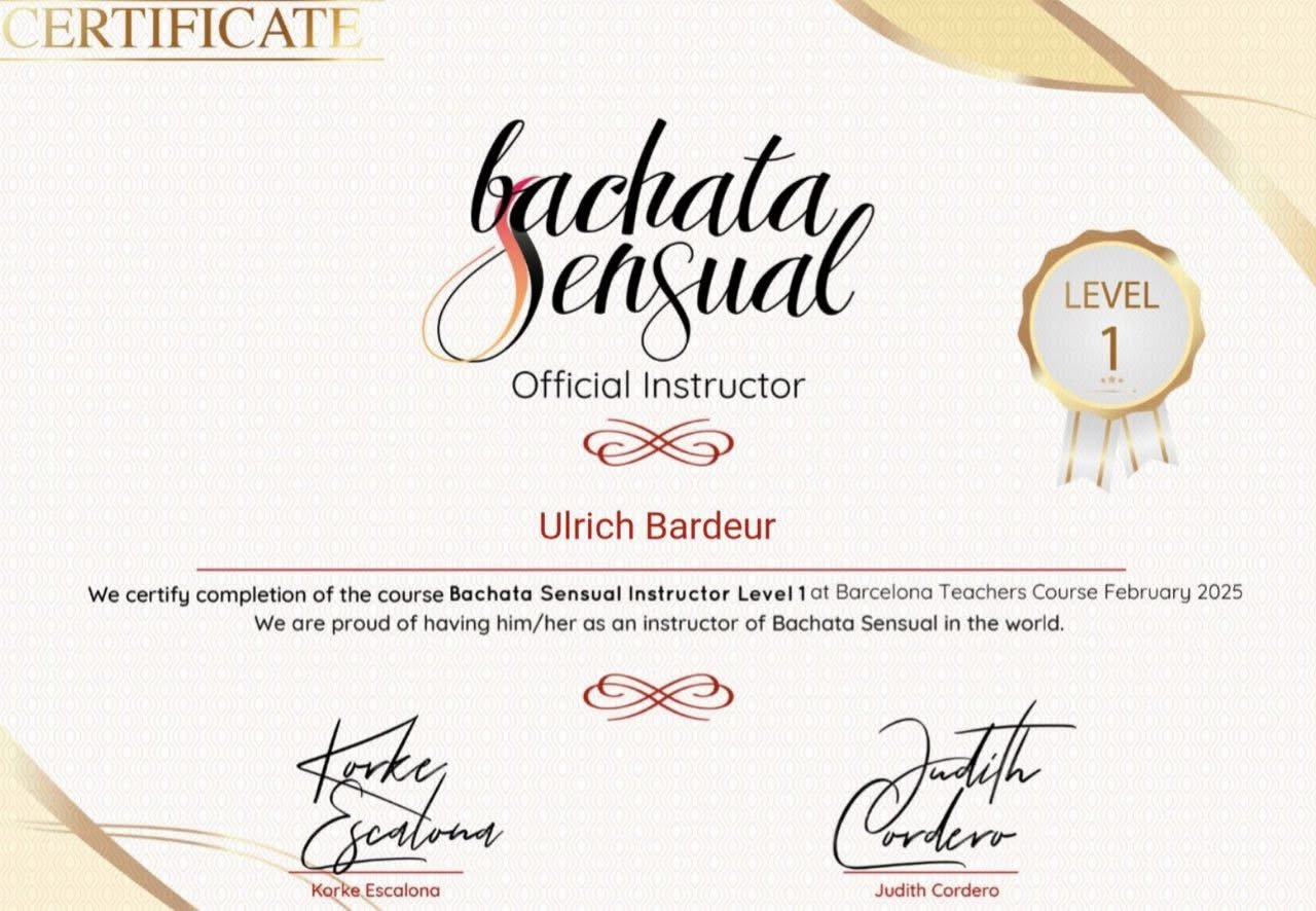Certificat Bachata Sensual Instructor Level 1 — Ulrich Bardeur